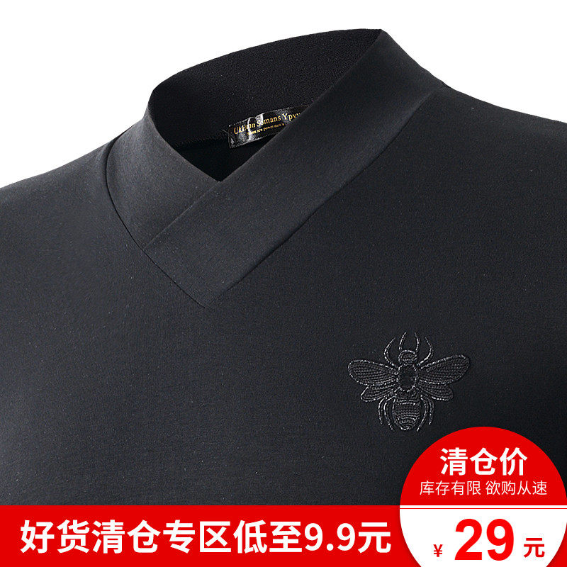 Modal cross V neck design winter plus velvet warm long sleeve T-shirt men's base shirt middle collar inner half high collar male