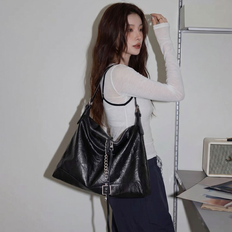 Vr Styling Original Black Crossbody Bag Commuter Tote Bag Pleated Chain Underarm Bag Large Capacity Shoulder Bag