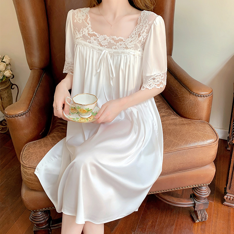 Real Silk Sleeping Dress Woman Summer Sexy Lace Long Dress Ice Silk Superior Sleeping Clothing White Princess Palace Tugatong