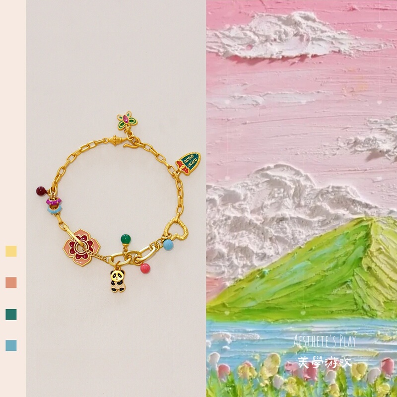 Original Copper Plated with Real Gold, Colorful Dopamine Drip Enamel Panda Flower Butterfly Bracelet, Light Luxury New Style Jewelry