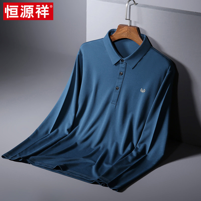 Hengyuan Xiang Long Sleeve Spring Autumn Season Men's Clothing 2021 New Collars Pure color with mulberry silk daddy clothes in old age T-shirt