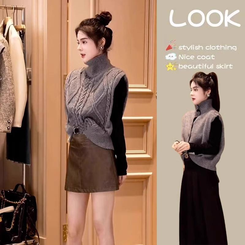 High-End Gray Turtleneck Double-Sided Knit Sweater, New Autumn and Winter Style, Sleeveless Sweater for Layering, Outerwear Vest Top for Women