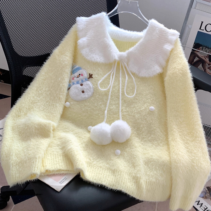 Sweet and Cute Yellow Mink Velvet Sweater for Women, New Autumn and Winter Thickened Snowman Embroidery Doll Collar Knit Top Sweet and Cute Yellow Mink Velvet Sweater for Women, New Autumn and Winter Thickened Snowman Embroidery Doll Collar Knit Top