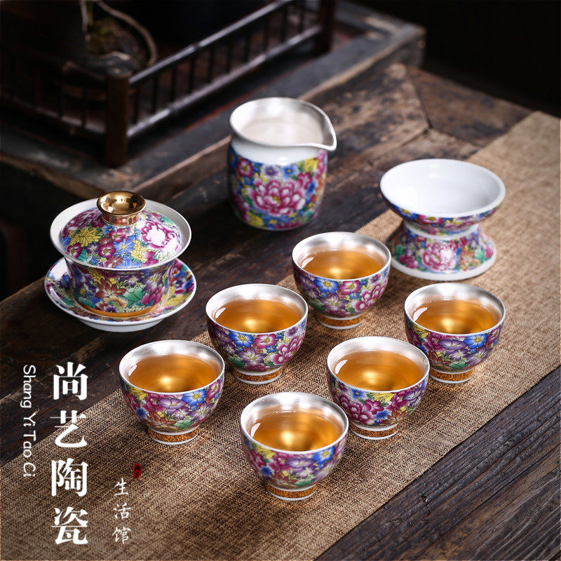 Jingdezhen 999 pure silver tea set group enamegakunkung fu tea set gift ceramic teapot cup