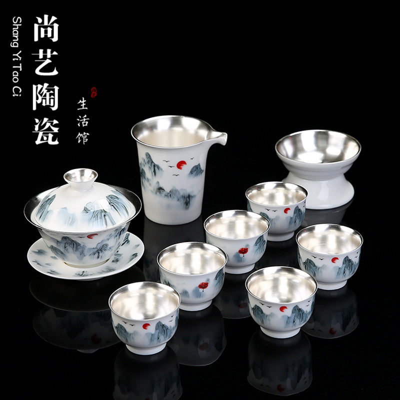 999 Sterling Silver Whole Set Kung Fu Tea Set Kung Fu Tea Set Kung Fu Tea Set Home Ceramic Lid Bowl Tea Cup
