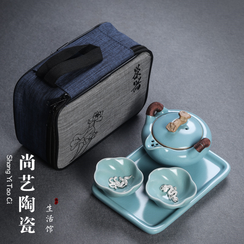 Ru kiln inlaid silver Kuaike cup ceramic one pot two two cup ceramic kung fu tea set travel set silver fish cup portable