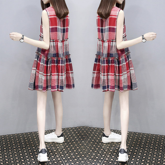 European Station 2024 Summer New Women's Clothing Loose Large Size Medium and Long Sleeveless Plaid Doll A-Line Dress Trendy
