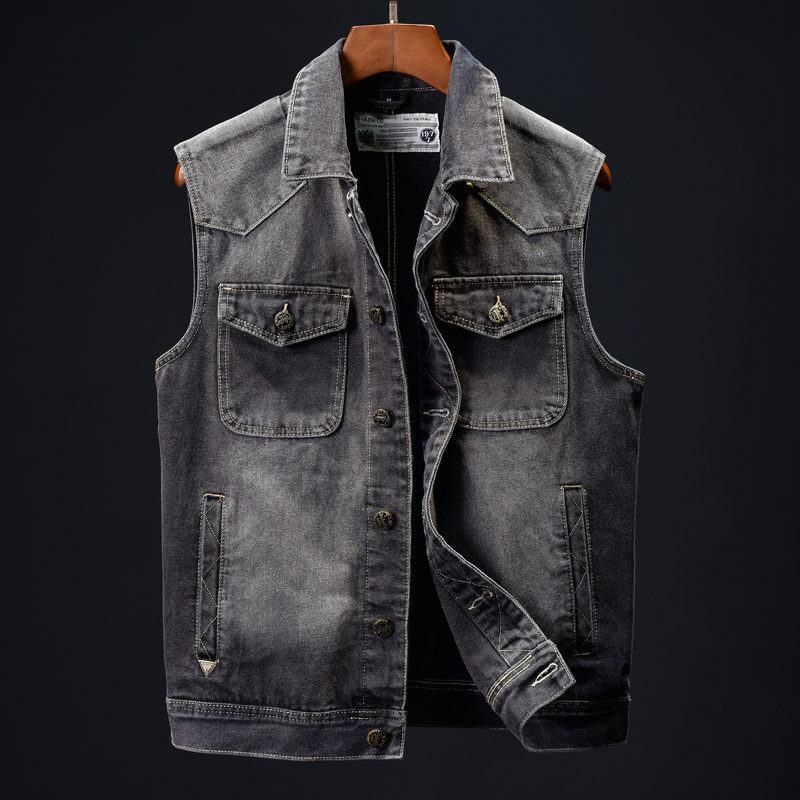 American-Style Denim Vest for Men, Trendy Black Slim-Fit Sleeveless Vest, Versatile Multi-Pocket Jacket, Casual Denim Clothing