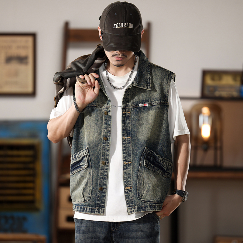 American-Style High-End Denim Vest for Men, Loose Fit with Large Pockets, Workwear Vest, Simple and Versatile Denim Top