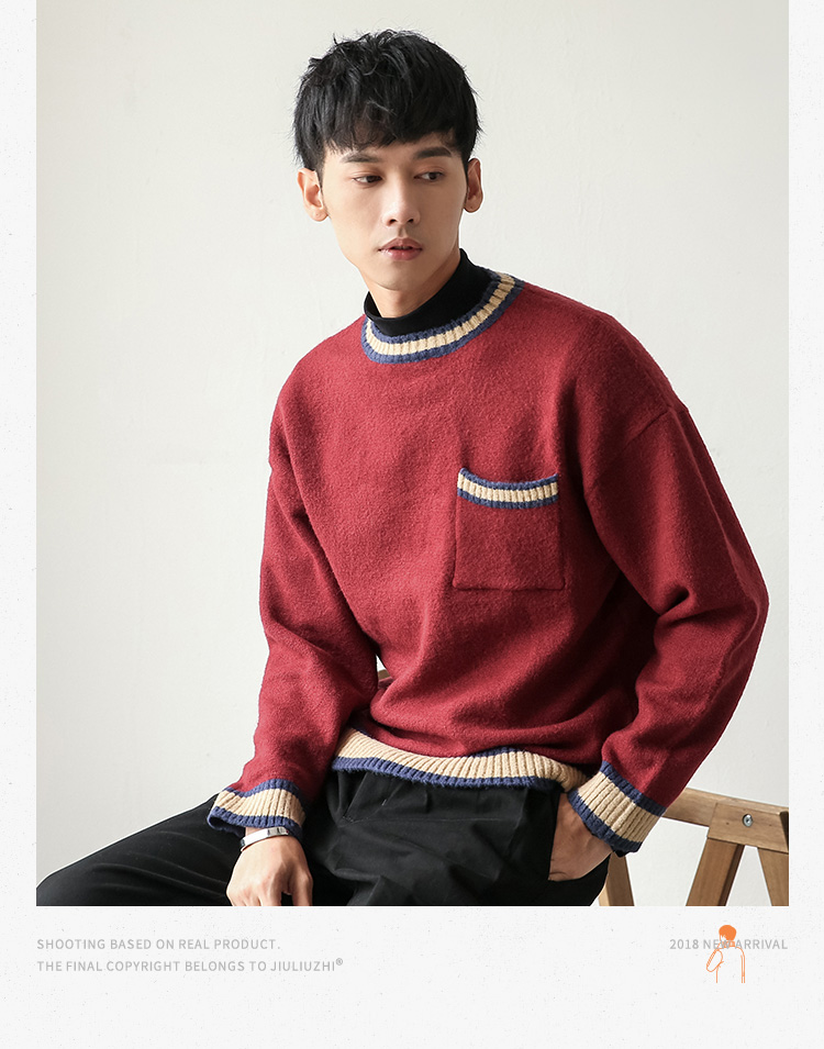 Tương phản lại thêu lỏng áo len màu xanh đậm túi áo len nam in retro người yêu mặc áo len nhung thỏ sinh viên đồ đôi đẹp cho nam nữ