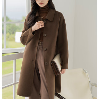 High-End Double-Sided Cashmere Coat for Women, Mid-Length, 2025 New Winter Style, Loose Fit, Elegant Doll Collar Woolen Coat