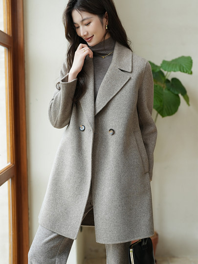 2025 Autumn and Winter New High-End Double-Sided Cashmere Coat for Women, Mid-Length Loose Woolen Hepburn Style Coat for Women