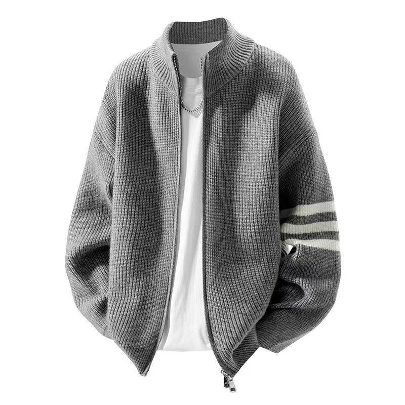 Fashion Trendy Large Size 150kg Loose Contrasting Color Knitwear Men's Autumn and Winter Hong Kong Style Retro Casual Zipper Knitwear
