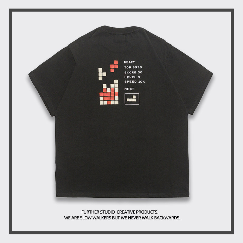 Russian grid ) FURTHER ) niche design neutral style retro street ) short-sleeved T-shirts for men and women