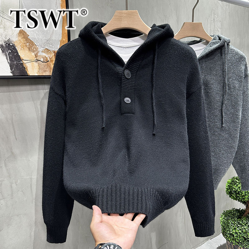 High-End Black Sweater Men's Autumn and Winter 2026 New American Style Loose Casual Hooded Knitted Sweatshirt Men's Top