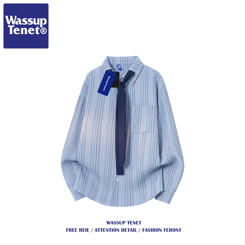 Wassup Tenet American Retro Vertical Striped Long-Sleeve Shirt for Men with Tie Design, Preppy Style Versatile Shirt