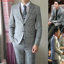 Suit male Korean version slim high sense 2021 new Huang Xiaoming with the same prince checkered mens suit suit