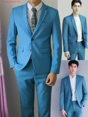 Suit men's Korean slim three-piece suit trend wedding handsome casual British Feng Shui blue men's suit suit
