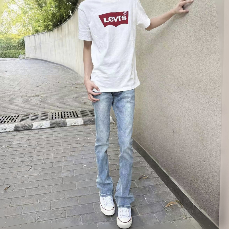 American-Style Washed Light Blue Cleanfit Jeans, Slightly Flared, Slim Fit, Vintage 517 Long Pants for Men