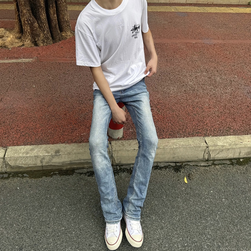 Cleanfit517 Light Blue Jeans Vintage American Retro Straight-Leg Slightly Flared High-Stretch Summer Men's Vibe