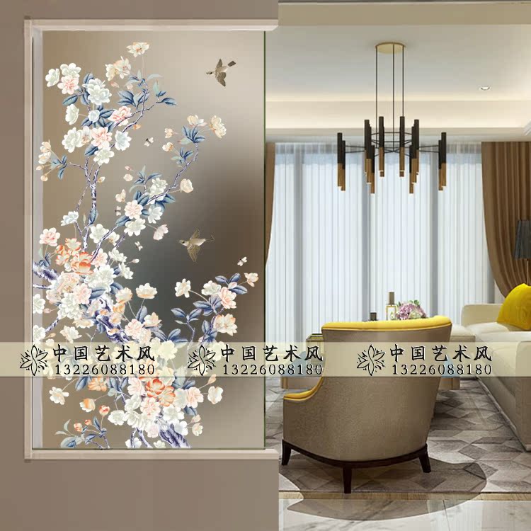 Modern Art Glass Partition Screen Xuanguan Background Wall Furniture Living Room Shoe Cabinet Engraving Crafts Yulan Bird Language