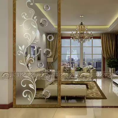 Art glass modern simple screen partition double-sided transparent glass shoe cabinet sliding door mirror flower edge-E