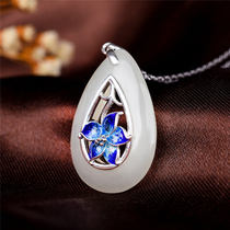 Xinjiang Hotan Sheep Jade Cloisonne Enamel Silver Jade Necklace Pendant Water Drop Pendant Jade Brand