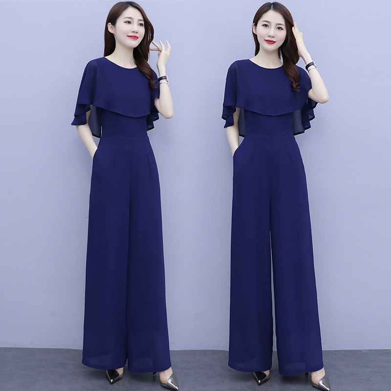 Fashionable Chiffon Patchwork Jumpsuit Set for Women, Summer Long Style, 2026 New Elegant Socialite Wide-Leg Pants Jumpsuit