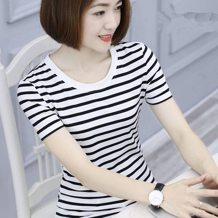 Pure Cotton Striped Short-Sleeve T-Shirt for Women, Thin Style, 2026 New Summer Slim-Fit Flattering Top, Tight-Fitting Versatile Shirt