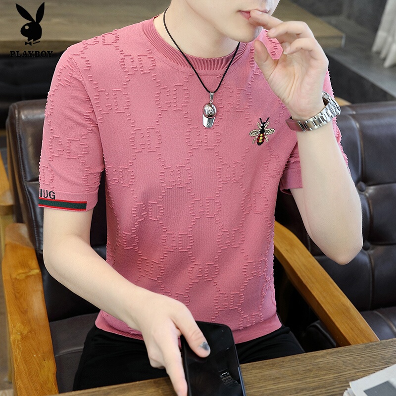 Playboy Little Bee Embroidery Men's Short Sleeve T-Shirt 2026 Summer Ice Silk Cool High-End T-Shirt Trendy Top