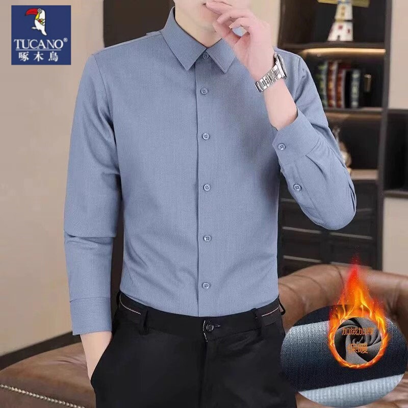 Woodpecker Winter All-In-One Fleece Long-Sleeved Shirt Men's Business Casual Top Elastic Fleece-Lined Warm Formal Shirt