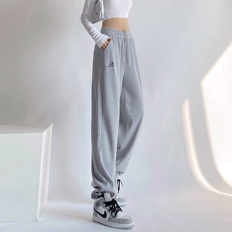 Grey Sports Pants Woman Spring Autumn High Street Ins Tide Looters Straight Tube Bunch Foot American Casual Thick Cotton Pants Drawing Rope Wide Leggings Pants
