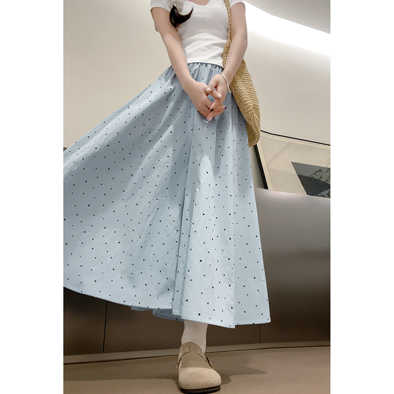 女性用ブルー水玉スカート 2025年夏新作 ハイウエスト Aライン スリム カジュアル ワイドレッグパンツ 小さいサイズ スカートパンツ
