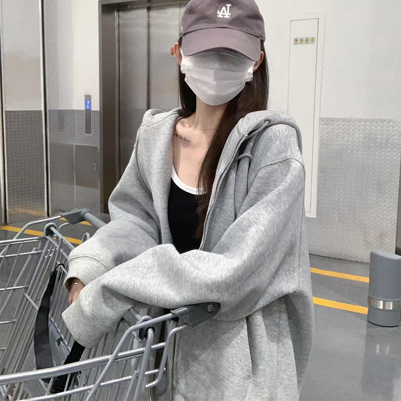Gray Hooded Sweatshirt for Women, Spring and Autumn 2026 New Style, Loose and Casual, Petite, Early Spring Zip-Up Cardigan Top