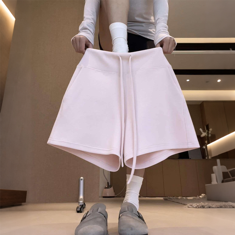 Pink Sports Shorts for Women, Summer Thin Style, Suitable for Outdoor Wear, Fitness, Yoga, Petite Size, Drawstring, Casual Wide-Leg, Mid-Length Shorts