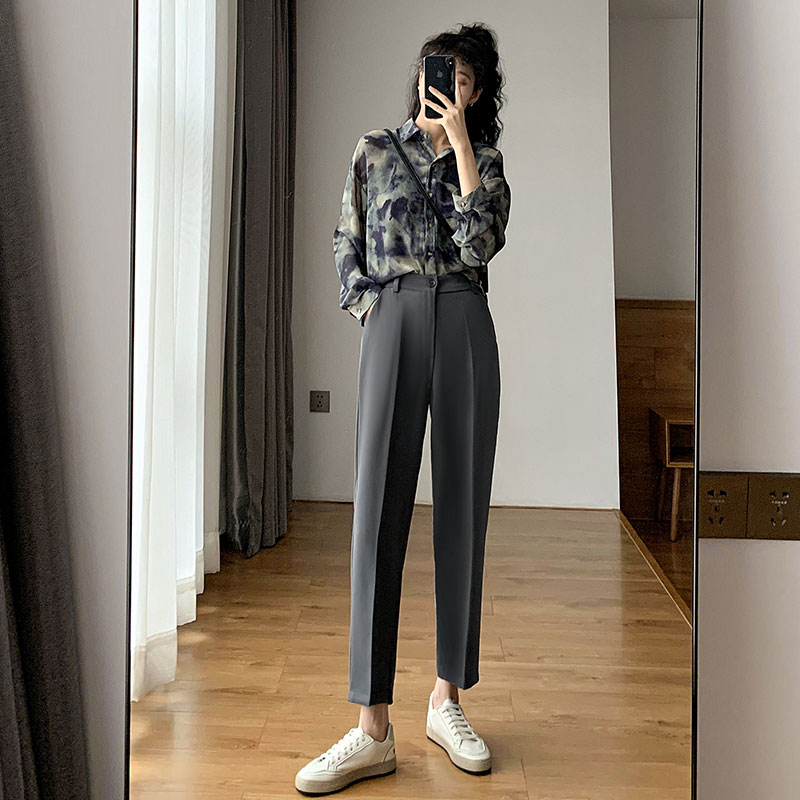 Grey Western Dress Pants Woman Spring Autumn High Waist Display Slim Casual Superior Sense smoke pipe pants small sub 90% straight drum pants-Taobao