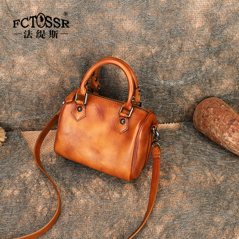 Fatise Retro Style Hand-Held Boston Bag Large Capacity Pillow Bag Textured Handmade Genuine Leather Shoulder Crossbody Bag for Women Fatise Retro Style Hand-Held Boston Bag Large Capacity Pillow Bag Textured Handmade Genuine Leather Shoulder Crossbody Bag for Women