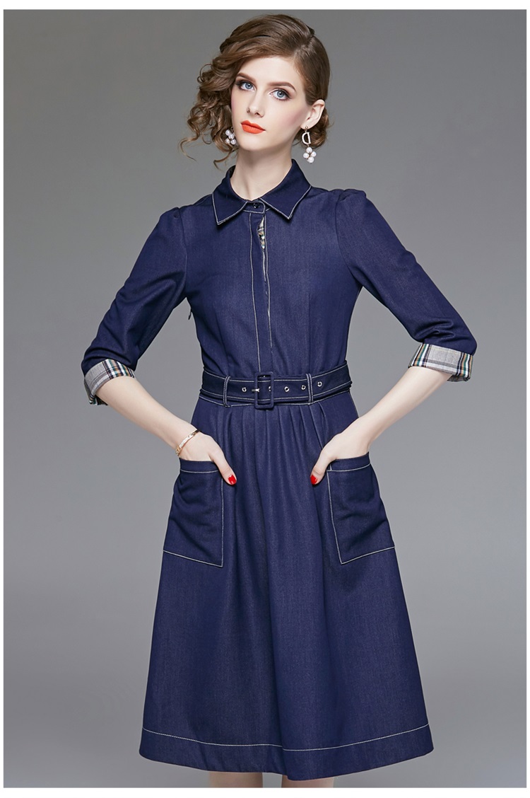 Xuân 2019 mới của phụ nữ thanh lịch OL ve áo denim khâu eo thon Một chiếc váy dài từ - A-Line Váy đầm ngắn xòe