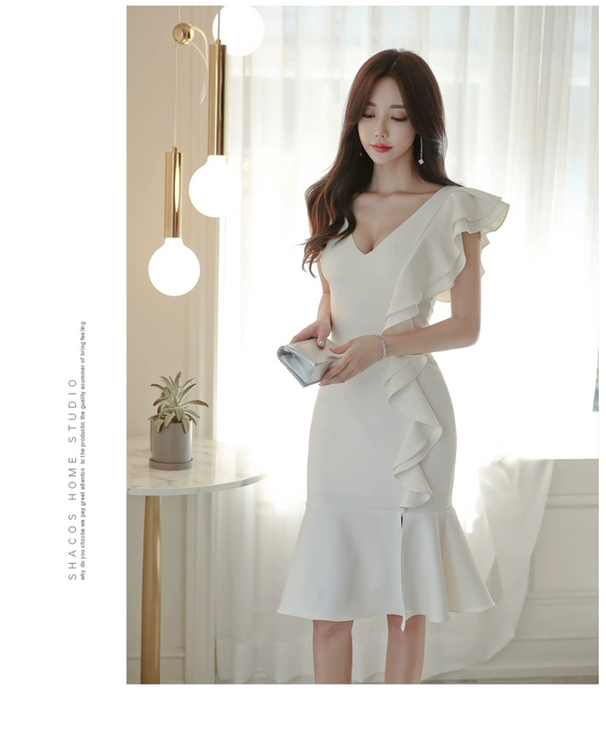 Mùa hè 2019 mới quý cô nữ cổ chữ V gợi cảm không tay thon dài thời trang xù váy túi đeo hông - Váy eo cao