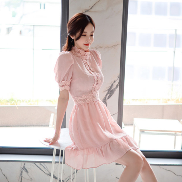 A-word puffy dress waist lace puff sleeves French ruffled pink short skirt women's summer small fresh