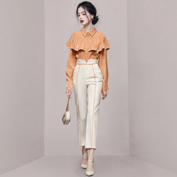 Xiaoxiangfeng salt series temperament suit temperament lapel ruffled shirt high waist small feet pants foreign style age-reducing two-piece trousers