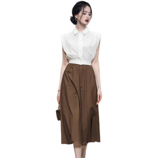 Hong Kong style suit female retro chic white shirt sleeveless top high waist slit big swing skirt royal sister two-piece set