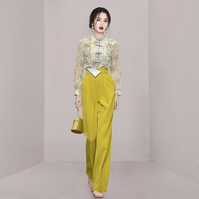 Long-sleeved floral top with Chinese style + trousers in salt style to wear with Yujie two-piece suit 2022 early autumn women's suit is light and familiar