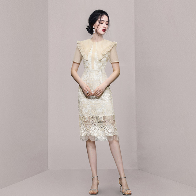 Tea break style French doll collar high-end slim mid-length one-step bag hip skirt sexy lace dress female summer