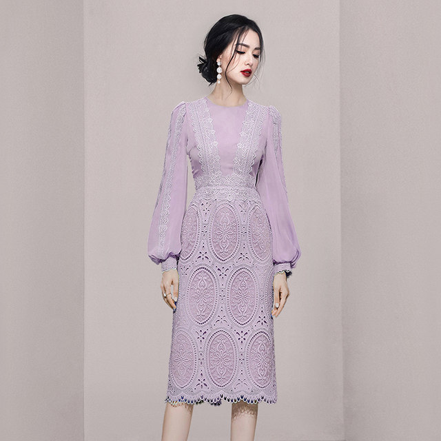 Blue lace dress long-sleeved temperament early autumn women's clothing 2022 new long section slim bag hip one step skirt high-end