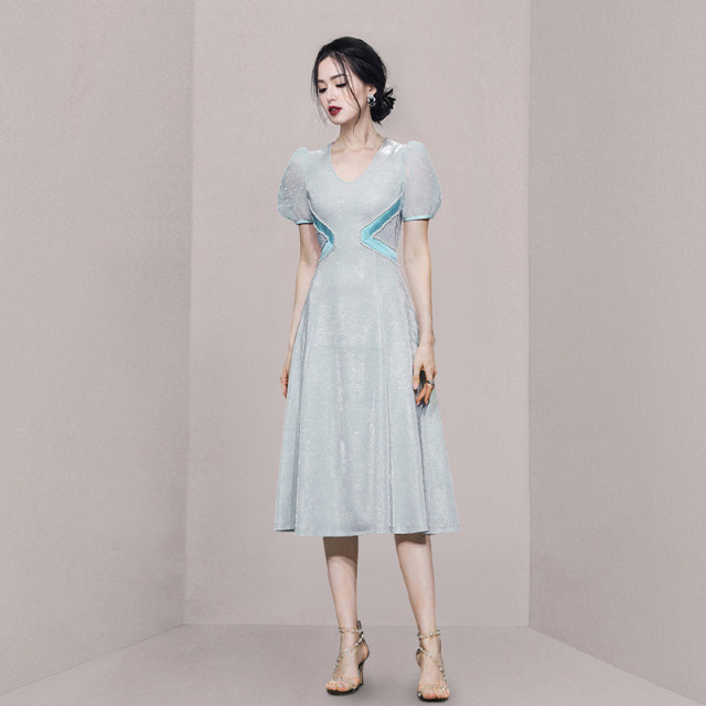 French style stunning blue dress A word thin puff sleeve mesh yarn high-quality dress long skirt summer female waist