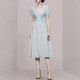 French style stunning blue dress A word thin puff sleeve mesh yarn high-quality dress long skirt summer female waist