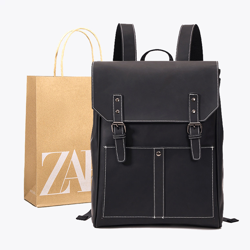 2026 New Trendy Black Stitched Backpack Casual Large-Capacity Retro Crazy Horse Pu Leather Laptop Backpack