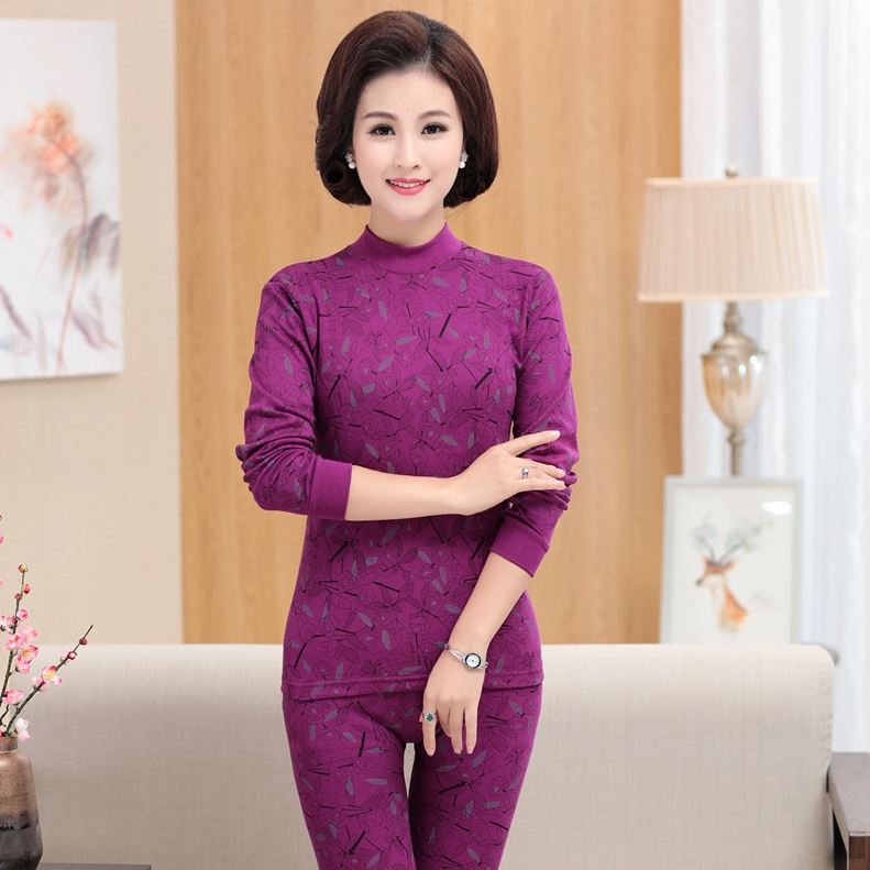 Mùa xuân và mùa thu womens thoải mái đồ lót nửa cổ áo cao trung niên cao niên 60 mỏng áo len mẹ quần quần áo mùa thu mùa thu được thiết lập.