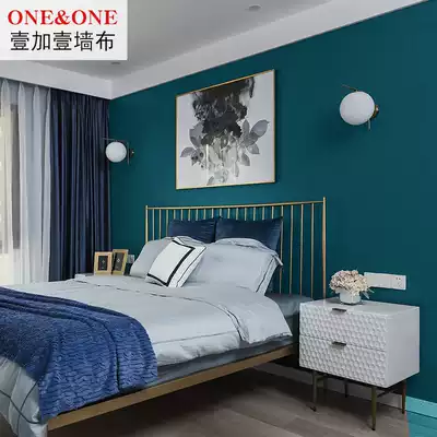 One plus one peacock blue living room TV background wall cloth American wallpaper simple modern bedroom dark blue wall cloth light luxury